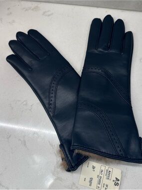 Vintage Corliss faux leather gloves rabbit fur lined NWT NEW navy blue